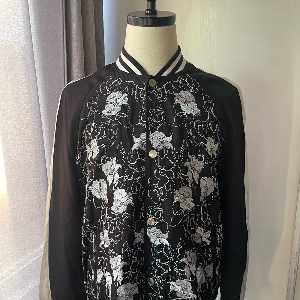 Michael Kors Black Floral Embroidered Satin Varsity Jacket